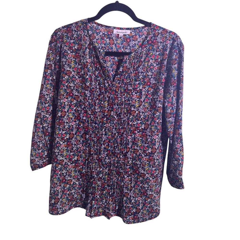 Serengeti Womens Tunic Pintuck Pleated Floral‎ Navy Blue Small